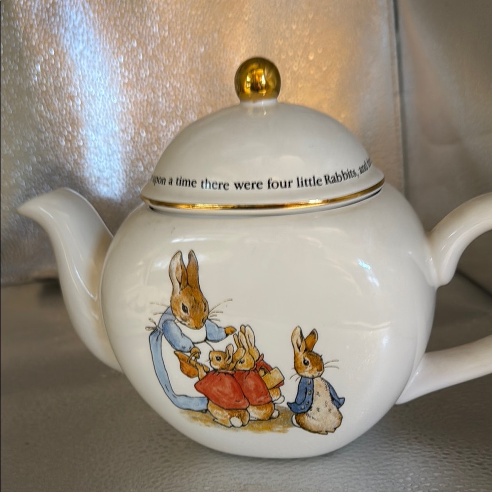 Vintage Peter Rabbit Ceramic Teapot with Gold Accent.